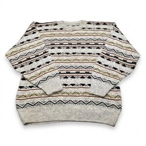 VTG 90s Geometric Fair Isle Knit Sweater Men's XL Grey Southwestern Aztec Tribal